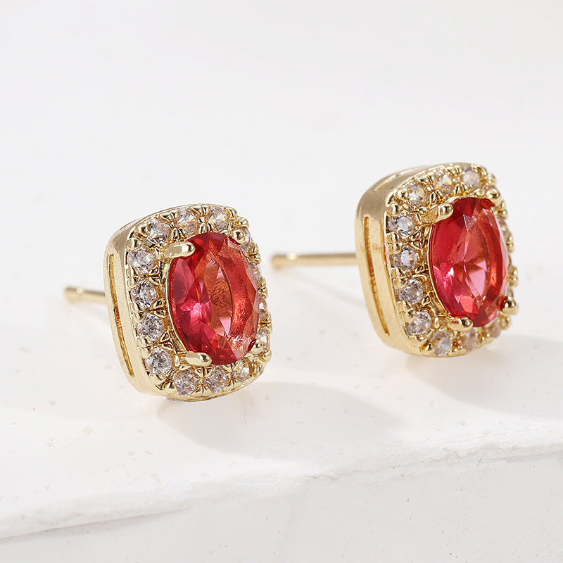 Elegant Rose Red Oval Crystal Stud Earrings Gold Tone Brass Women Party Fashion Jewelry Sparkling