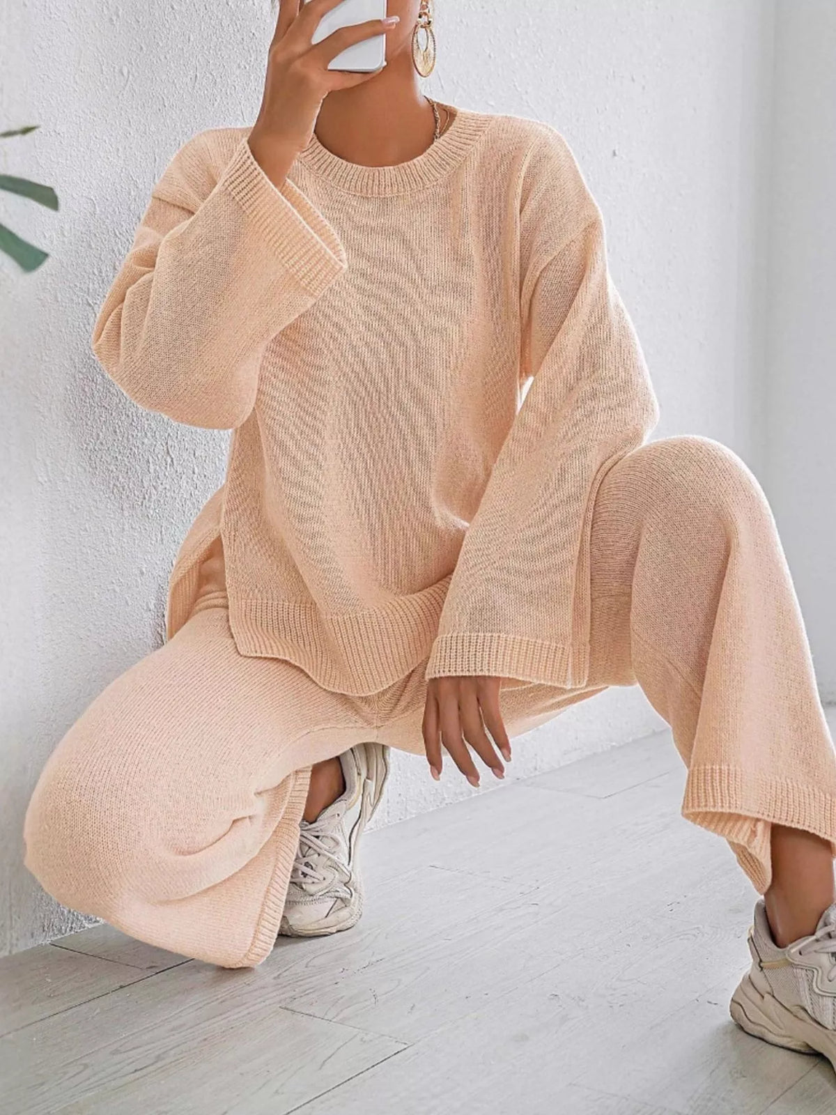 Dropped Shoulder Top and Pants Sweater Set