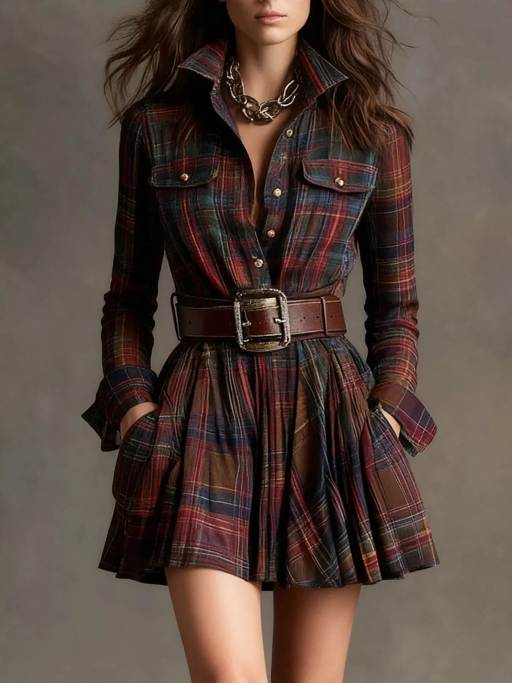 Full Size Plaid Long Sleeve Shirt Dress Plus Size