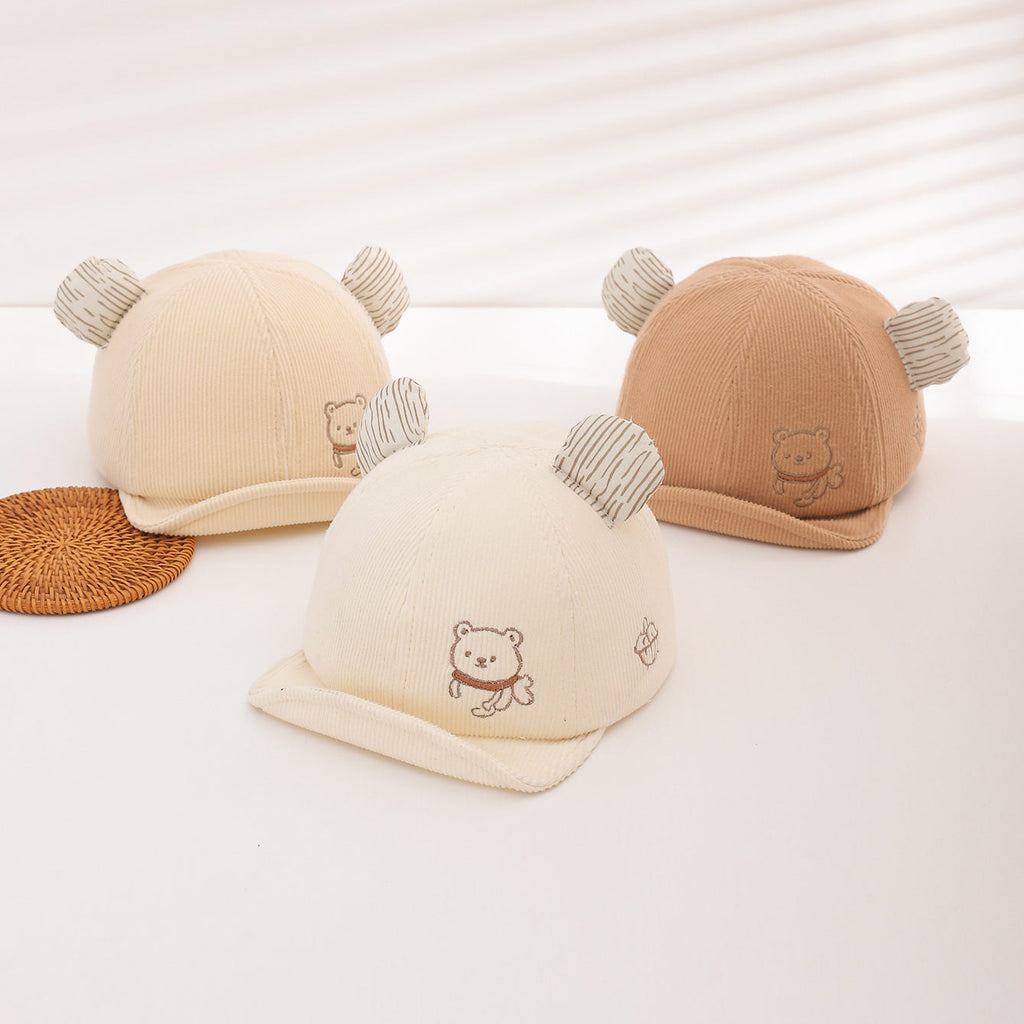 Fall Boys And Girls Bear Embroidered Soft Top Short Brimmed Hat For Baby Soft Corduroy Children's Outdoor Travel Hat