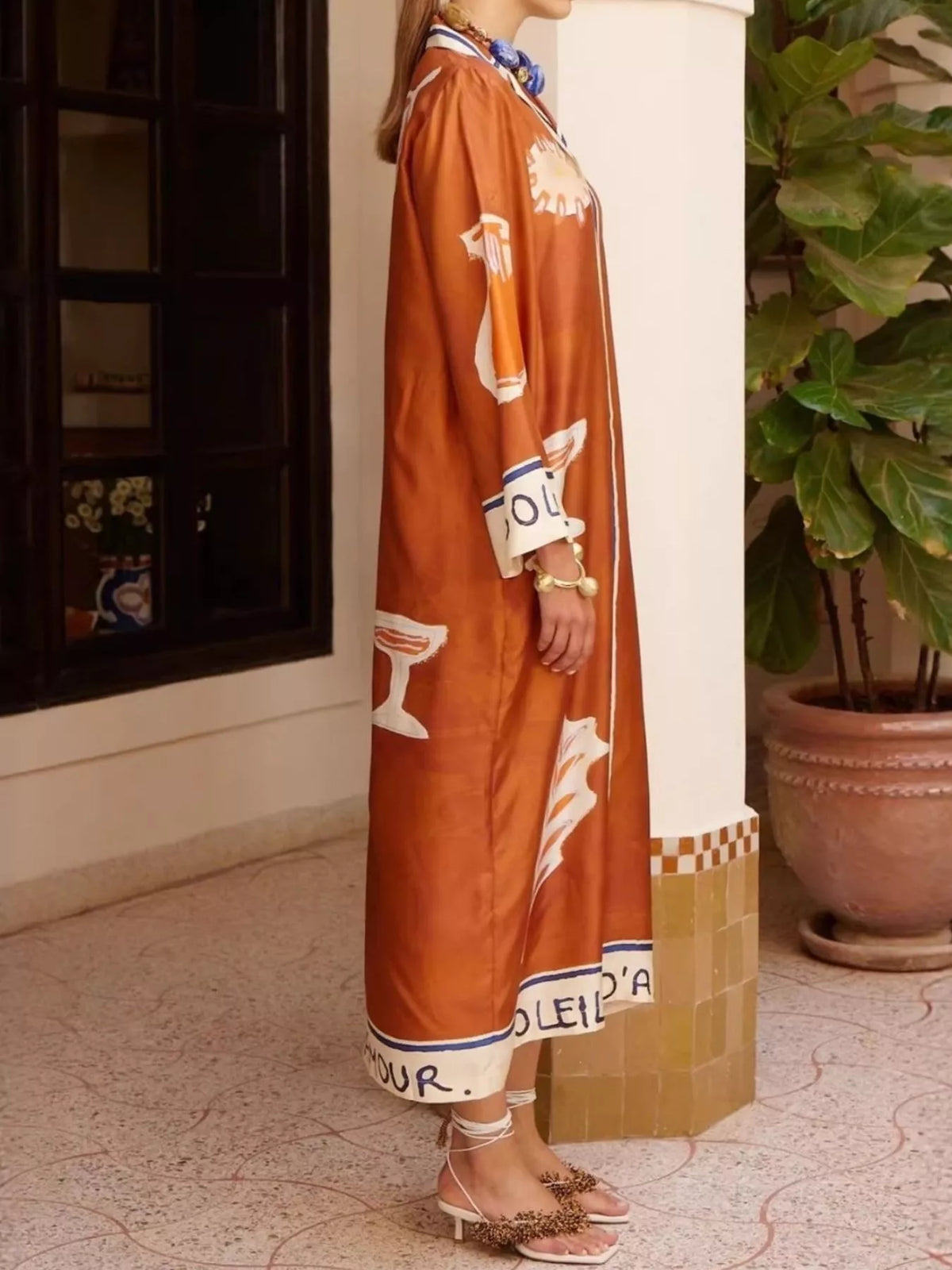 Contrast Trim Printed Button Down Midi Shirt Dress
