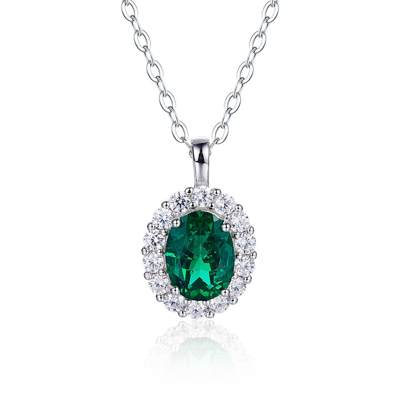 S925 Silver 2.9g 1ct Lab-Created Emerald Halo Necklace, 40&5cm Adjustable