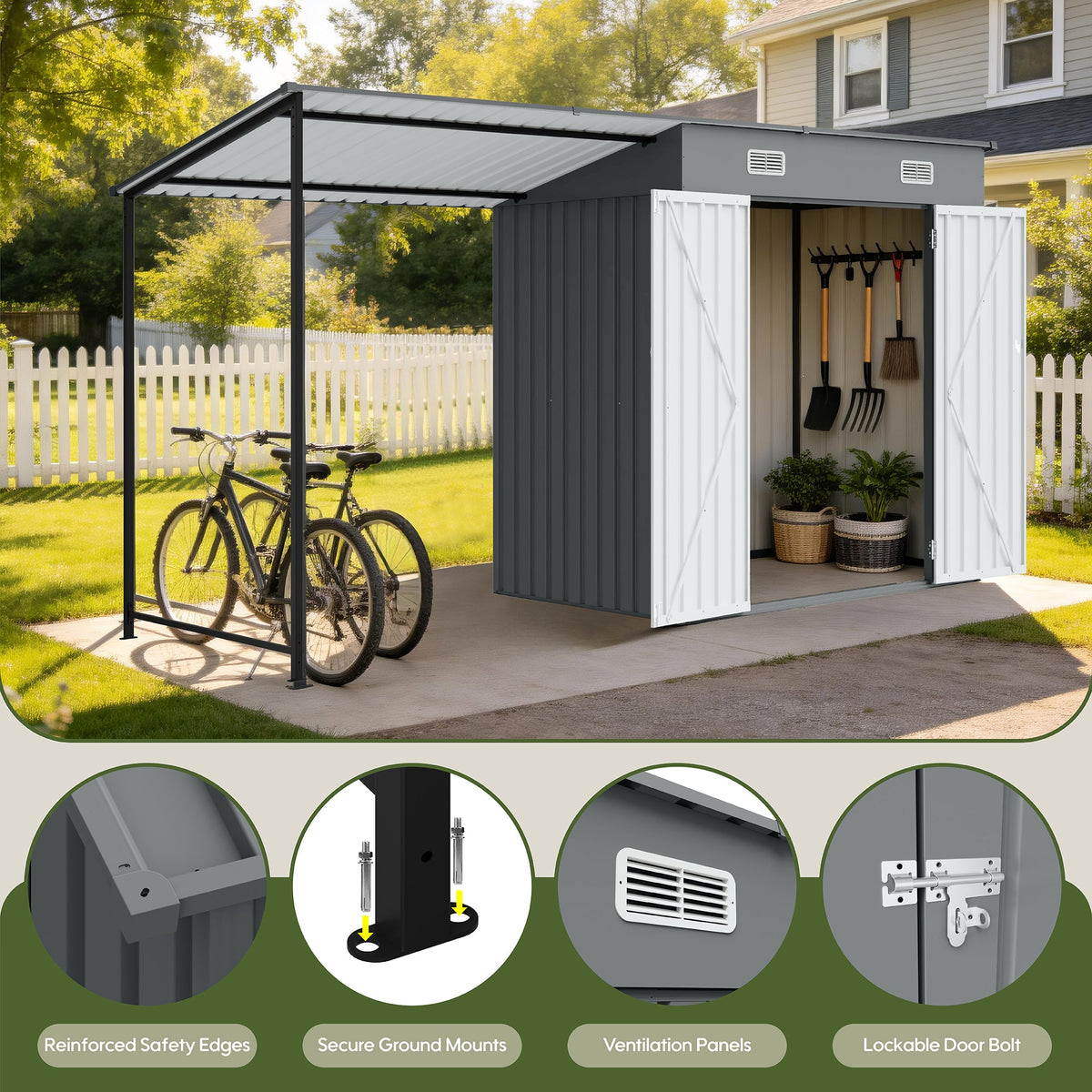 12x4 FT Metal Lean-To Shed with Pergola, 6x4 FT Outdoor Storage Shed & Hardtop Gazebo Combo