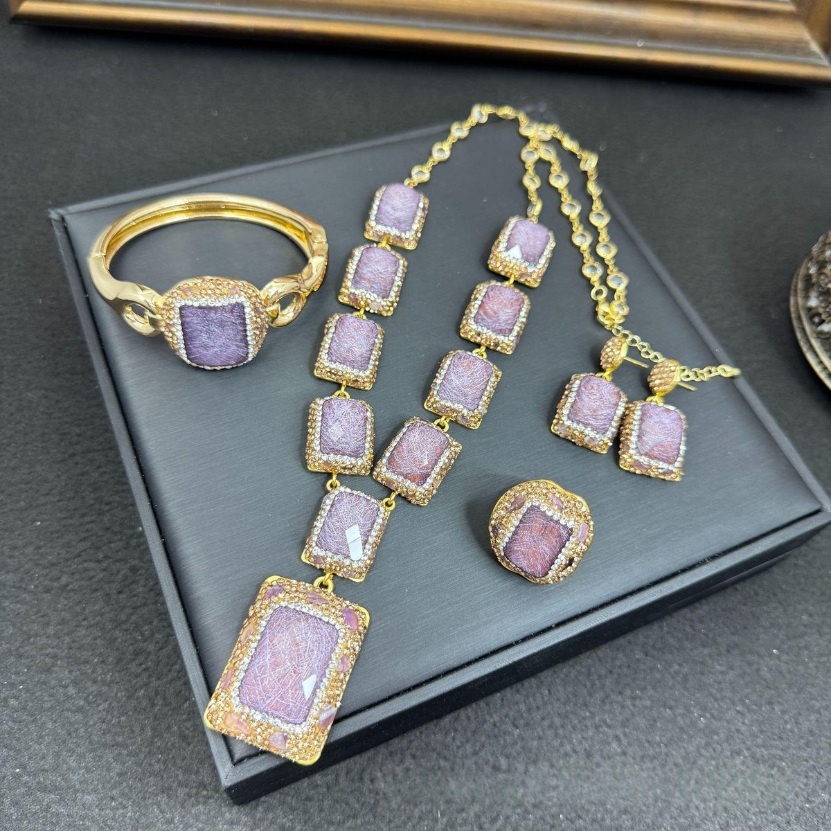 Light Luxury Full-diamond Ring Earring And Necklace Set