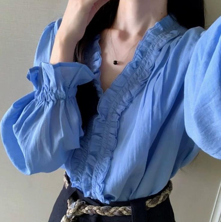 Blue Ruffled-edge Long-sleeve Blouse For Women