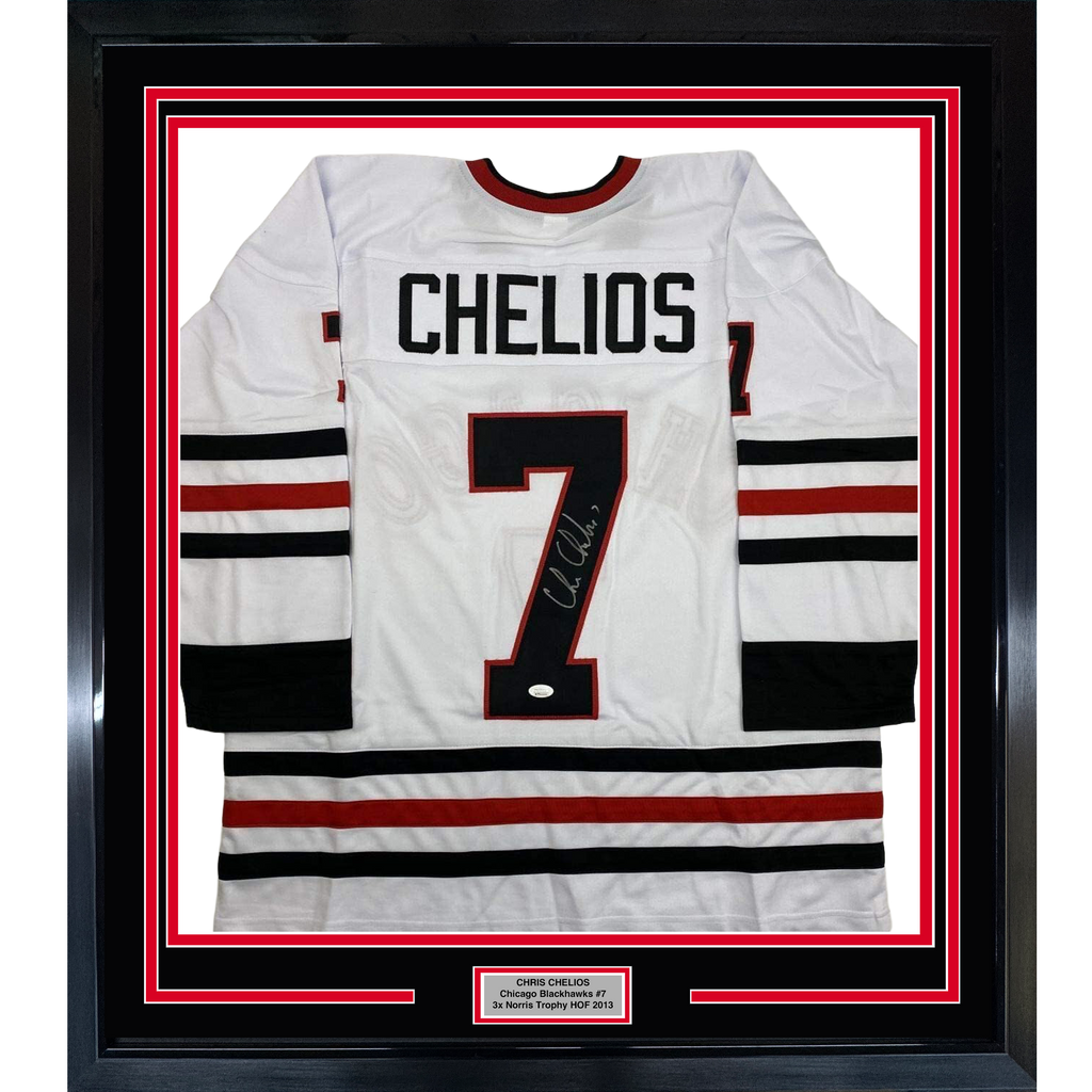 Framed Autographed/Signed Chris Chelios 35x39 Chicago White Hockey Jersey JSA COA