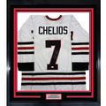 Framed Autographed/Signed Chris Chelios 35x39 Chicago White Hockey Jersey JSA COA