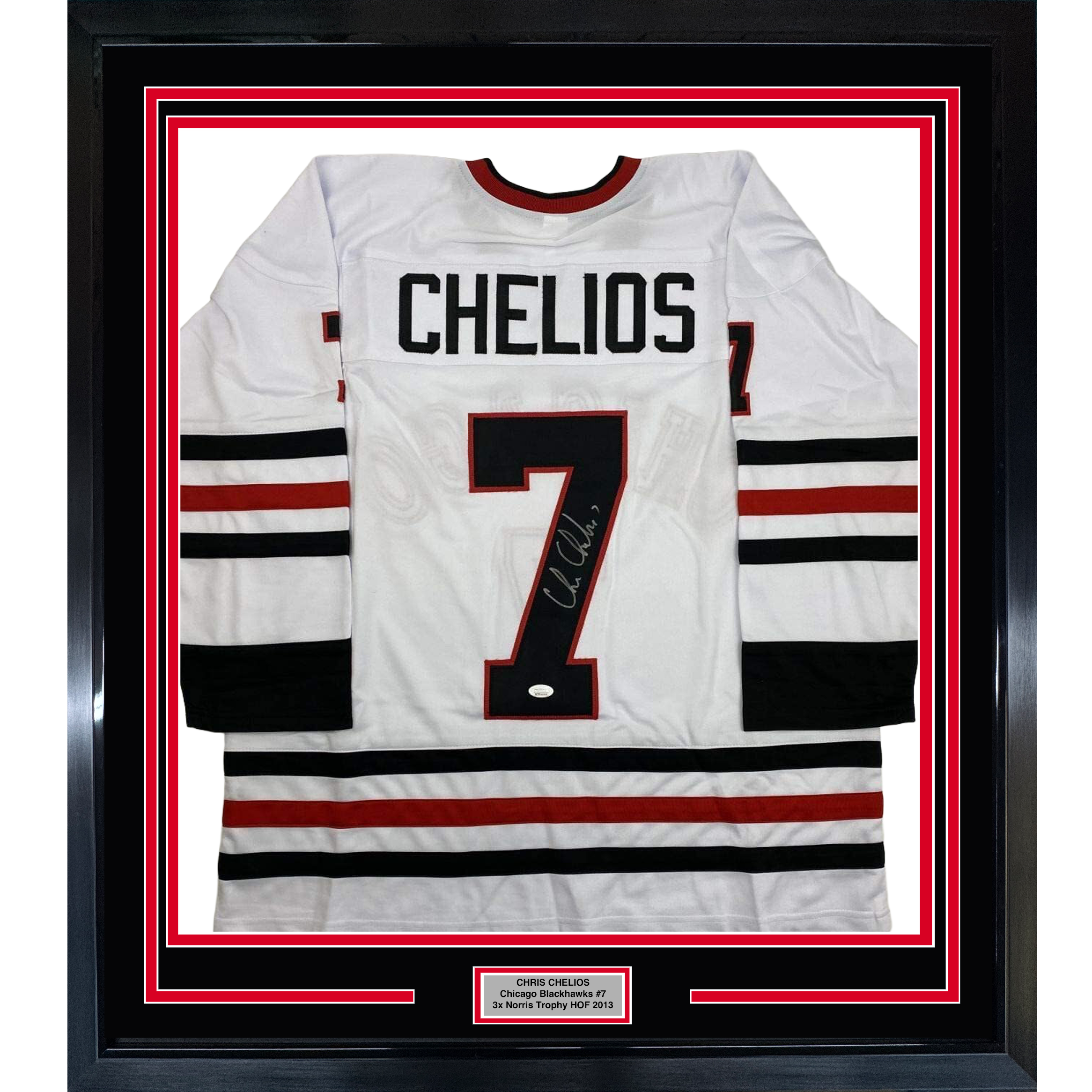 Framed Autographed/Signed Chris Chelios 35x39 Chicago White Hockey Jersey JSA COA