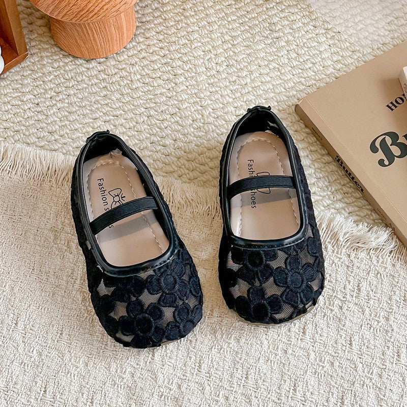 Girls' Flower Mesh Sandals Solid Color Transparent Mesh Princess Shoes