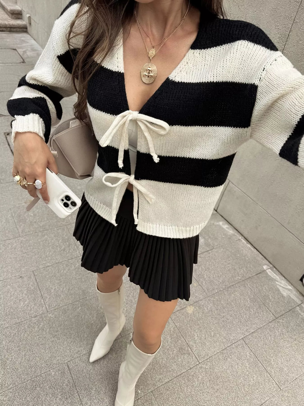 Striped Tie-Front Knit Cardigan