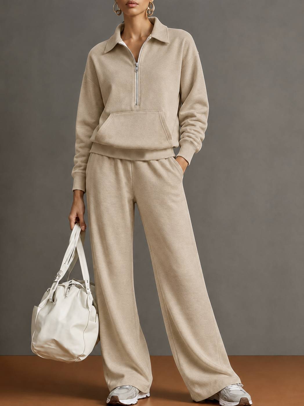 Autumn And Winter New Cross-Border European And American Women's Clothing Lapel Half-Zip Sweatshirt Loose Casual Wide-Leg Pants Two-Piece Set For Women