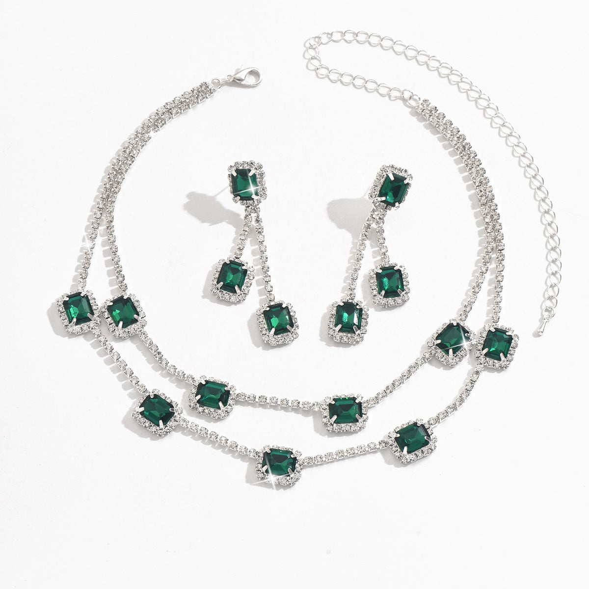 Amazon Hot Selling Square Double-layer Necklace Tassel Earrings Light Luxury Wedding Two-piece Set Multi-color One-piece Hair