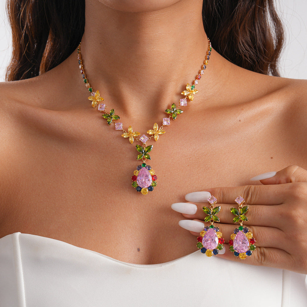 Womens Two-Piece Zircon Flower Drop Geometric Necklace Set