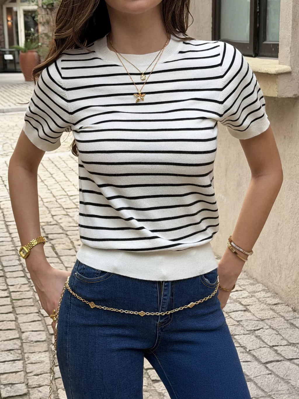 Striped Short-Sleeve Knit Top