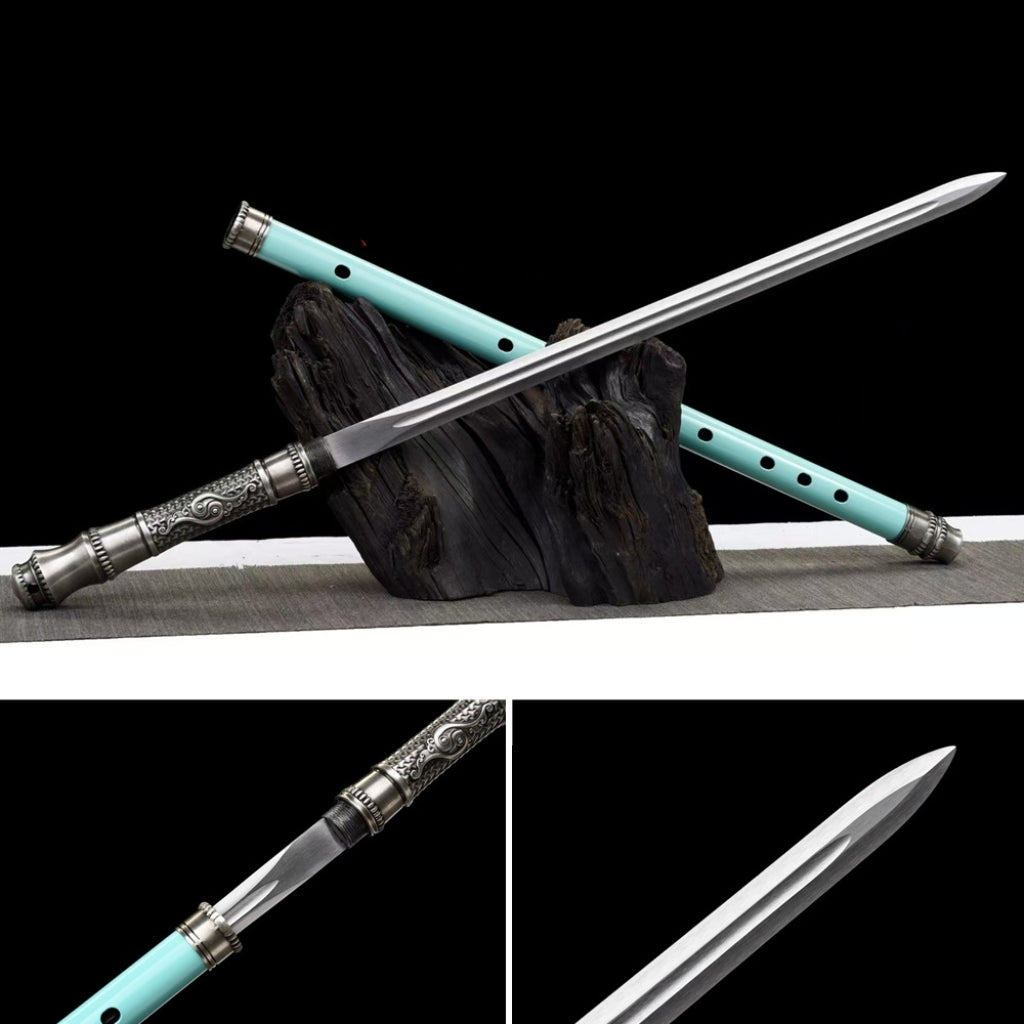 Integrated Sword & Blade Handmade Long Blade Flute Sword Blade-in-Staff Sword Extended Staff Blade Musical Instrument Gift Unsharpened