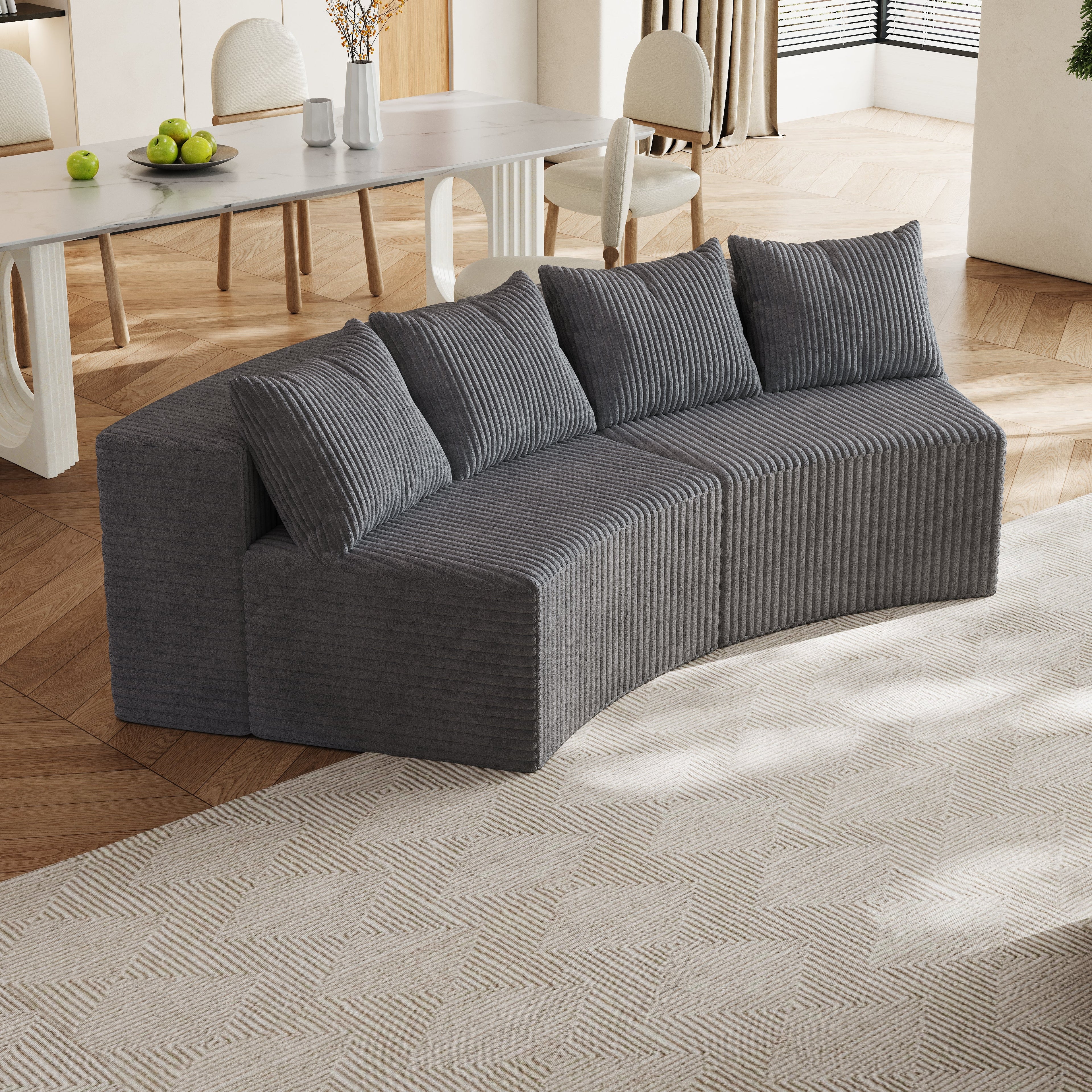 Corduroy Curved Sectional Sofa with Four Pillows