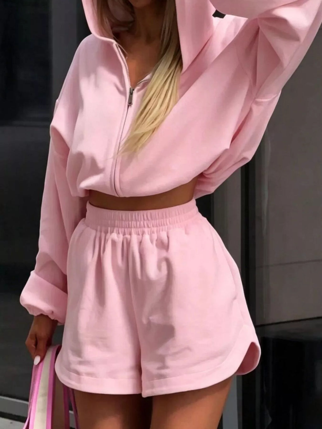 Zip Up Crop Hoodie and Shorts Set