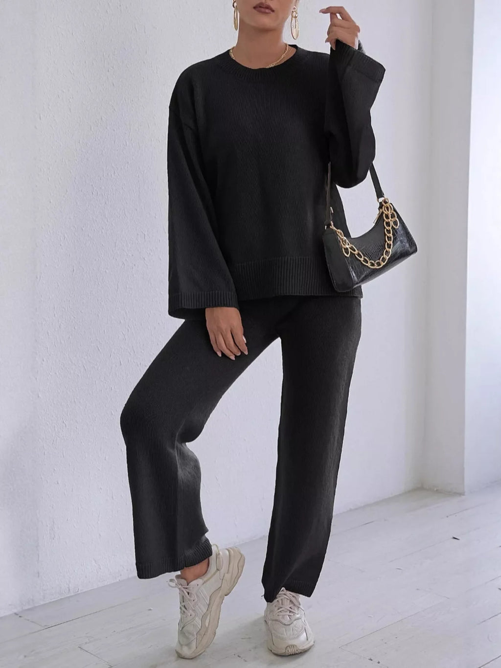 Dropped Shoulder Top and Pants Sweater Set