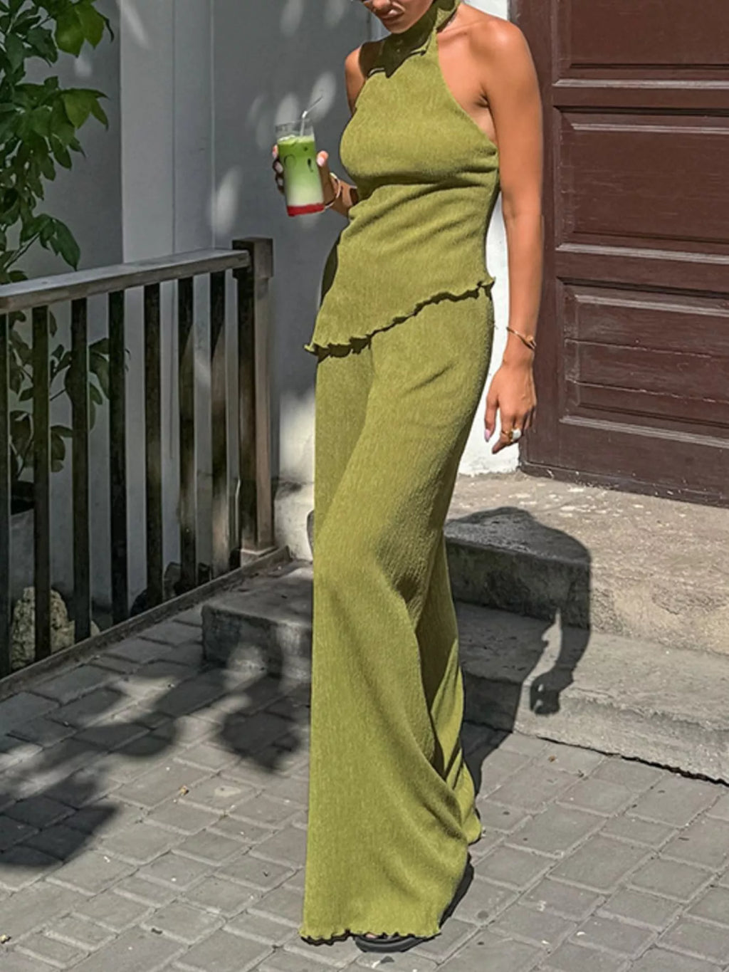 Sleeveless Top and Wide-Leg Pants Two-Piece Set – Green / Khaki