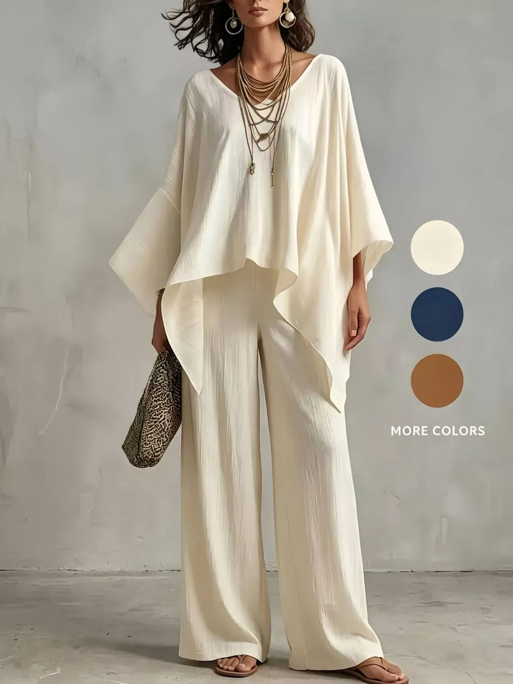 Full Size V-Neck Batwing Sleeve Top and Wide-Leg Pants Two-Piece Set Plus Size