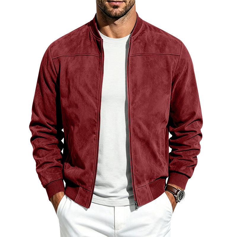 Suede Long Sleeve Zip Up Jacket Men's Casual Outerwear With Full Zip Closure