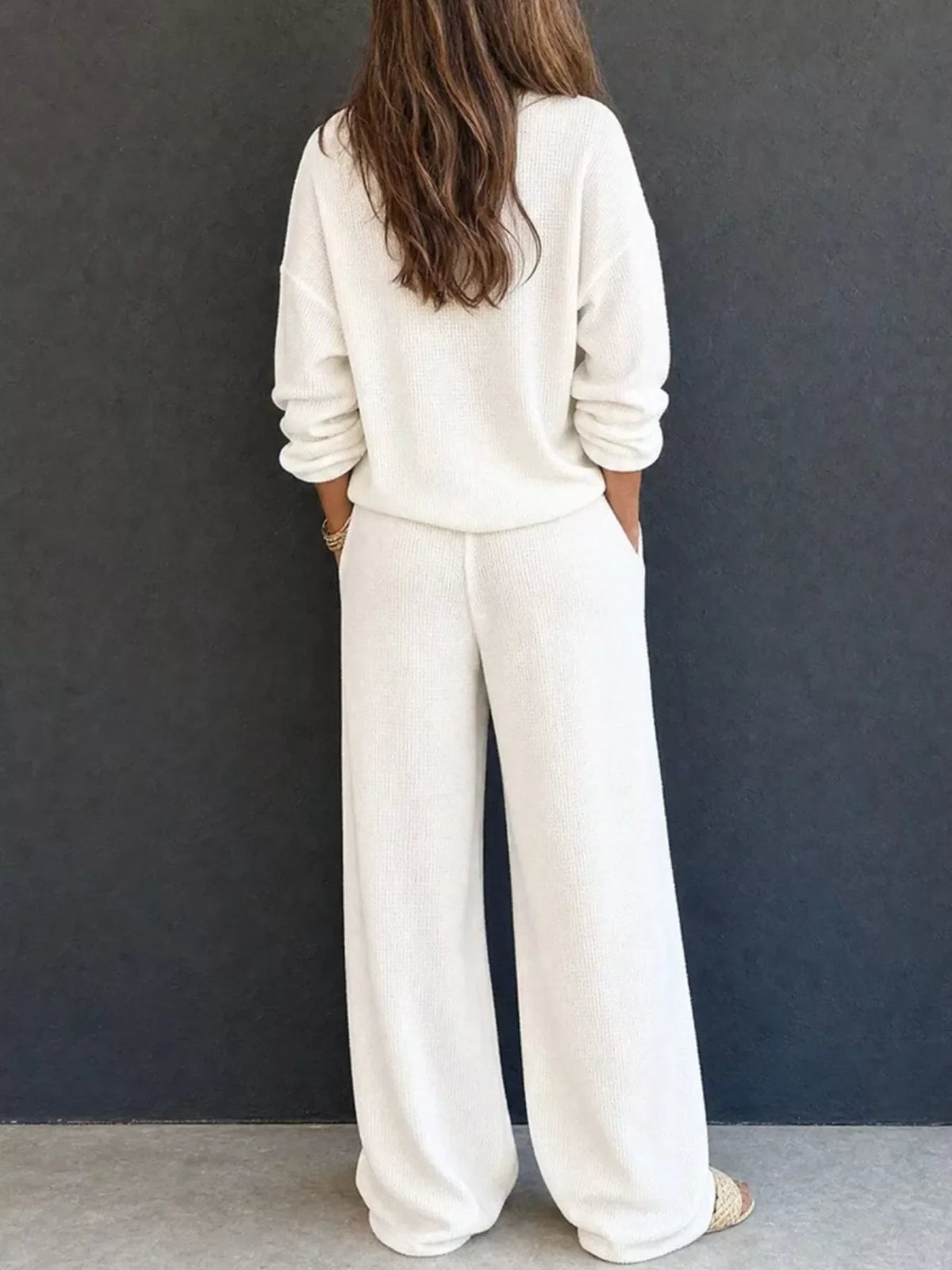 Waffle Knit Henley Top and Wide Leg Pants Set