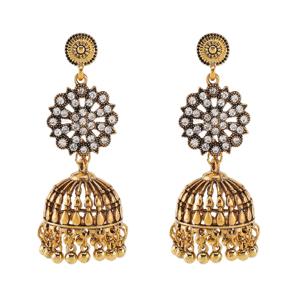 Retro Floral Rhinestone-studded Tassel Stud Earrings