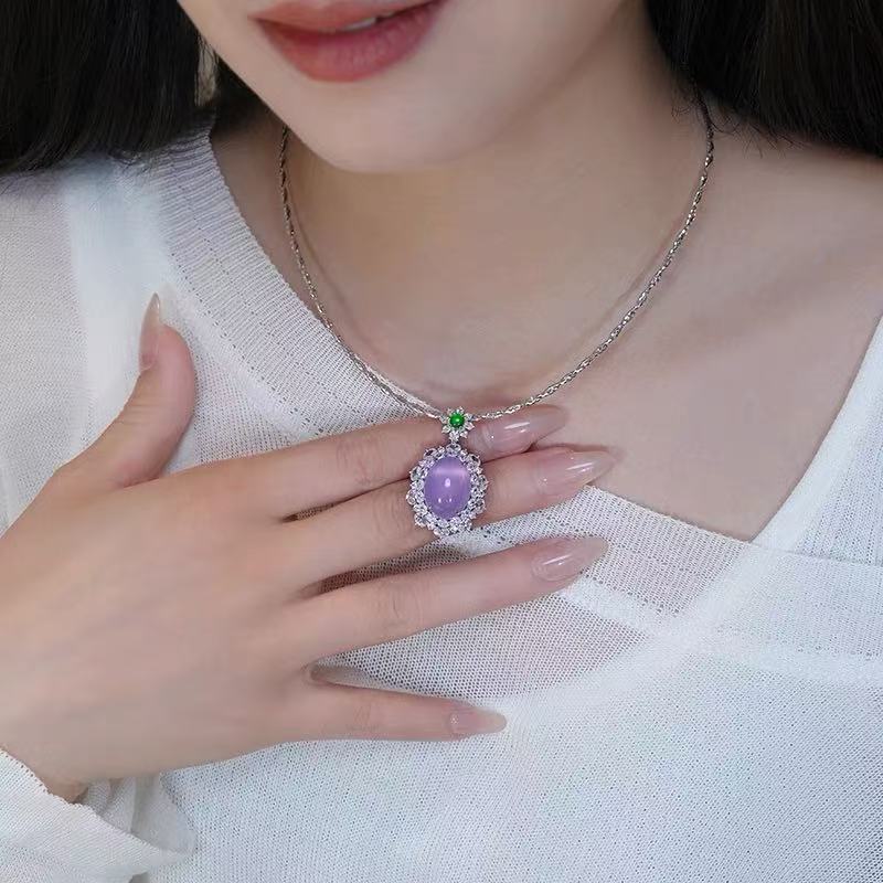 Jewelry 925 Silver Plated Natural Purple Chalcedony Agate Necklace Comparable To Jade Violet Pendant White Gift Women