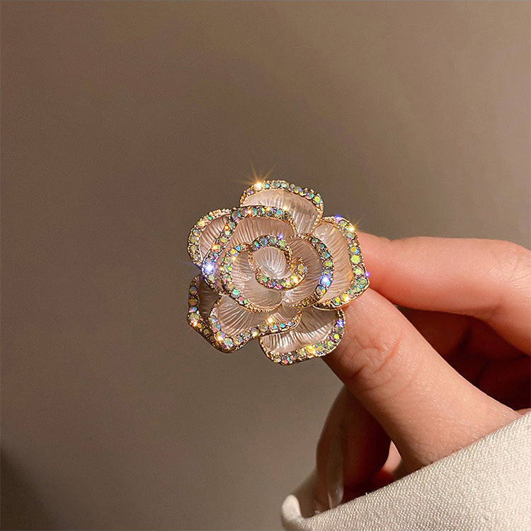 Camellia Flower Brooch High End Rhinestone Corsage Pin
