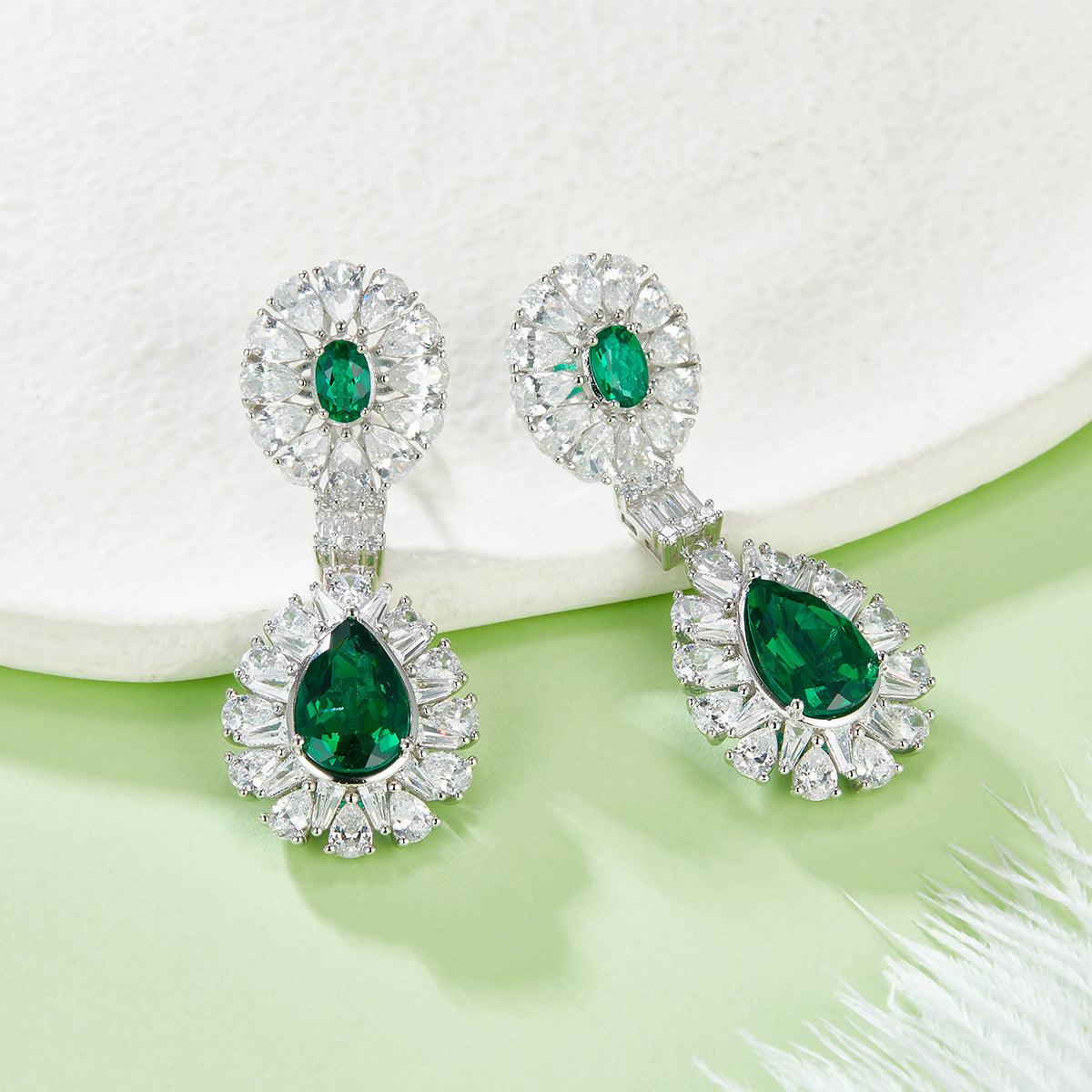 S925 Silver 15.4g 8ct Lab-Created Emerald Drop Earrings, 12x8mm & 6x4mm