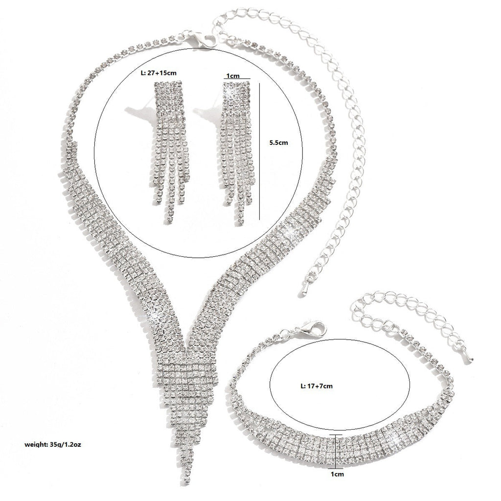 TiktokCross-border Water Drops Tassel Necklace Earrings Bracelet Three-piece Set Light Luxury Elegant Clavicle Chain Necklace For Women