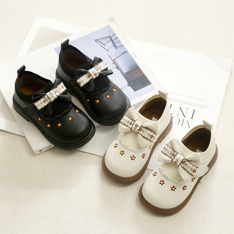 Girls Bow Flat Shoes, Pastoral Style Leather Shoes, 2025 Summer Style, Little & Big Kids, Princess Versatile Casual Shoes