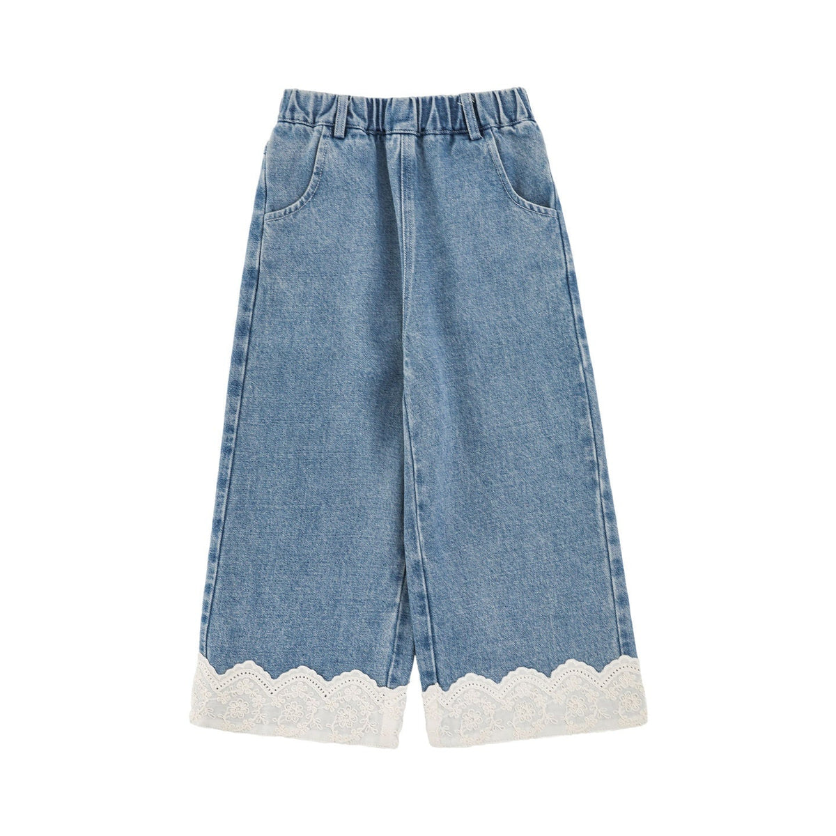 Lace-trimmed Denim Cotton Light-blue Wide-leg Pants