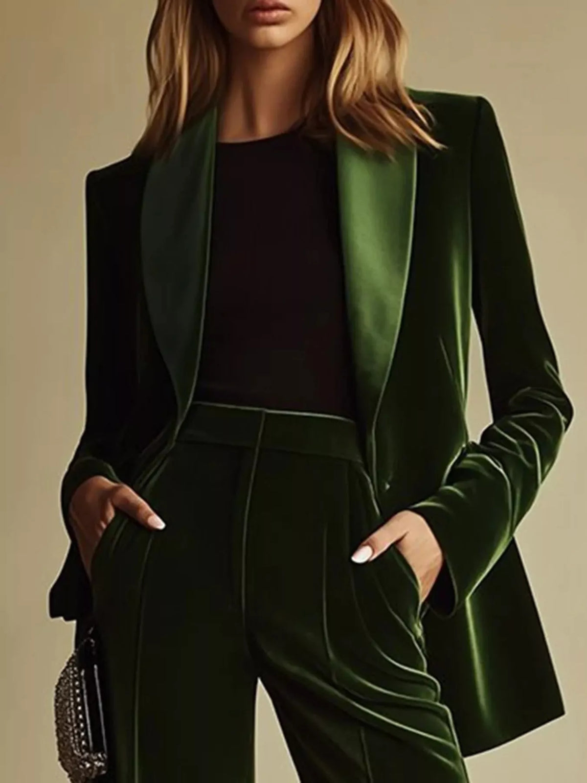 Velvet Blazer and Wide-Leg Pants Set