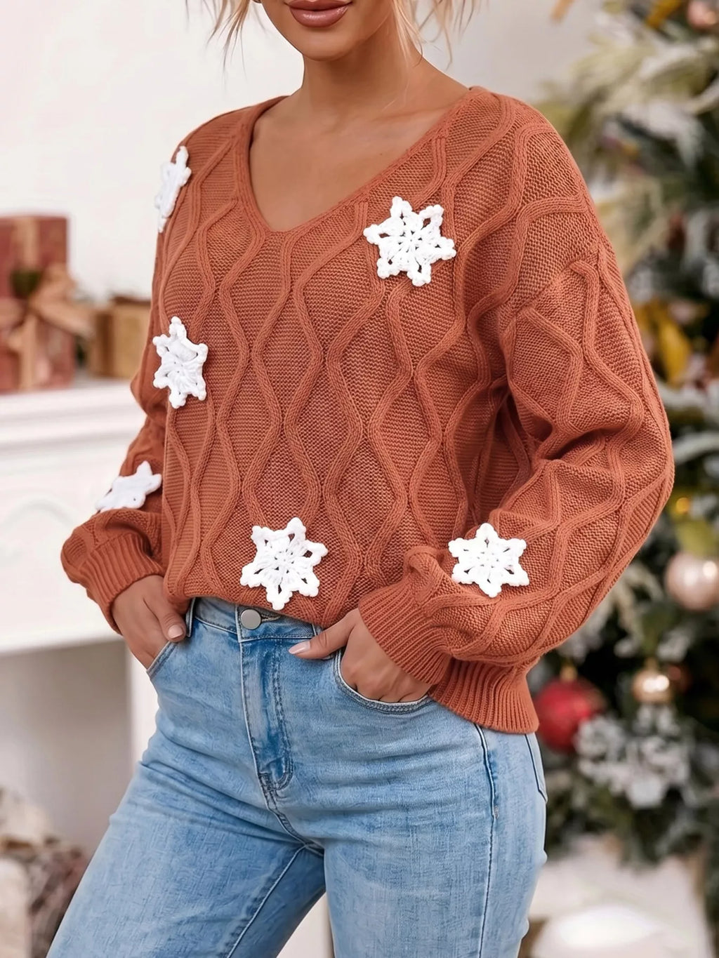 Snowflake Textured V-Neck Sweater