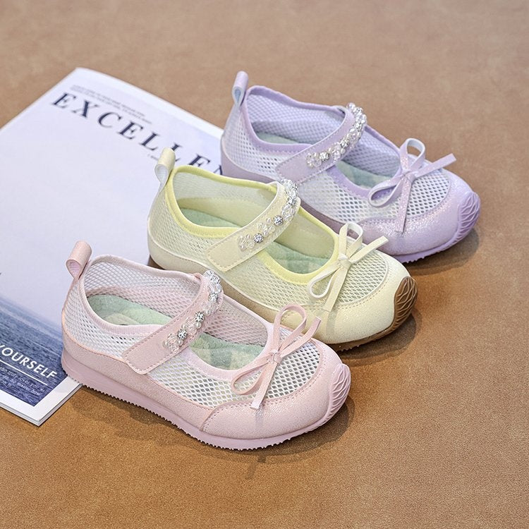2026 Summer New Girls Ballet Shoes, Mary Jane Sandals With Bow & Rhinestone, Breathable Soft Sole Kids Shoes