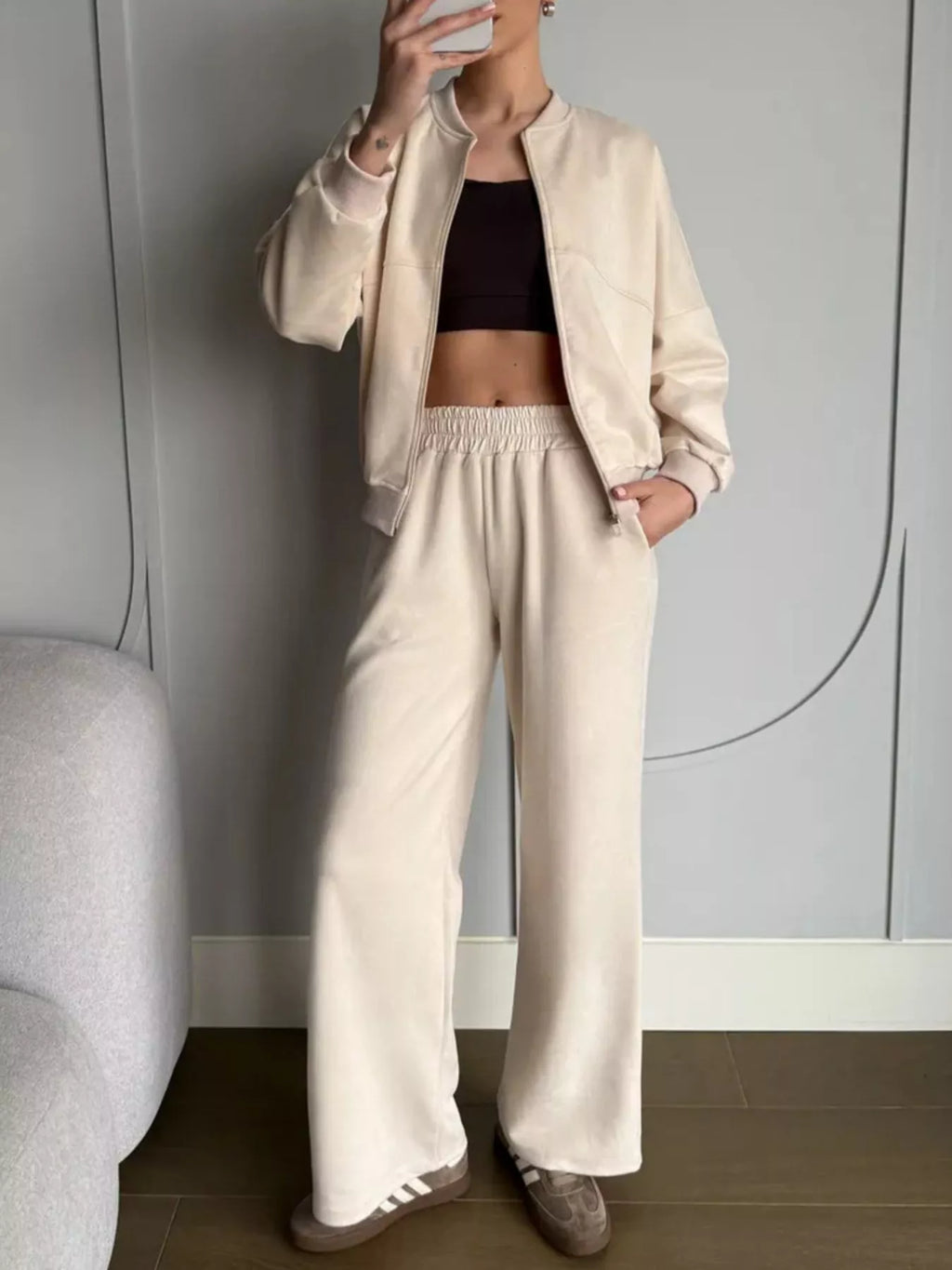 Zip Up Sweatshirt and Wide-Leg Pants Set