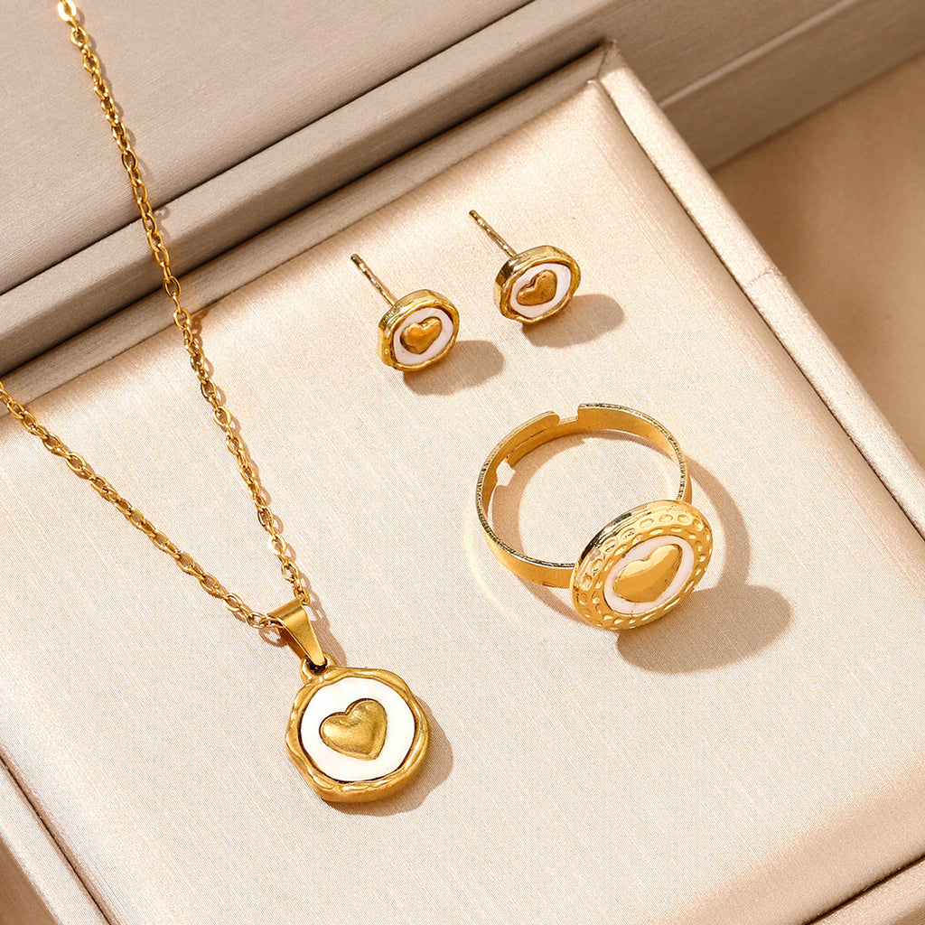18K Gold Plated Stainless Steel Heart Jewelry Set For Women, White Enamel Round Coin Pendant Necklace Stud Earrings Open Adjustable Ring, Dainty Love Theme Jewelry Gift
