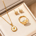 18K Gold Plated Stainless Steel Heart Jewelry Set For Women, White Enamel Round Coin Pendant Necklace Stud Earrings Open Adjustable Ring, Dainty Love Theme Jewelry Gift