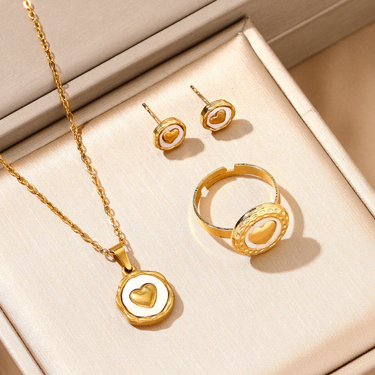 18K Gold Plated Stainless Steel Heart Jewelry Set For Women, White Enamel Round Coin Pendant Necklace Stud Earrings Open Adjustable Ring, Dainty Love Theme Jewelry Gift