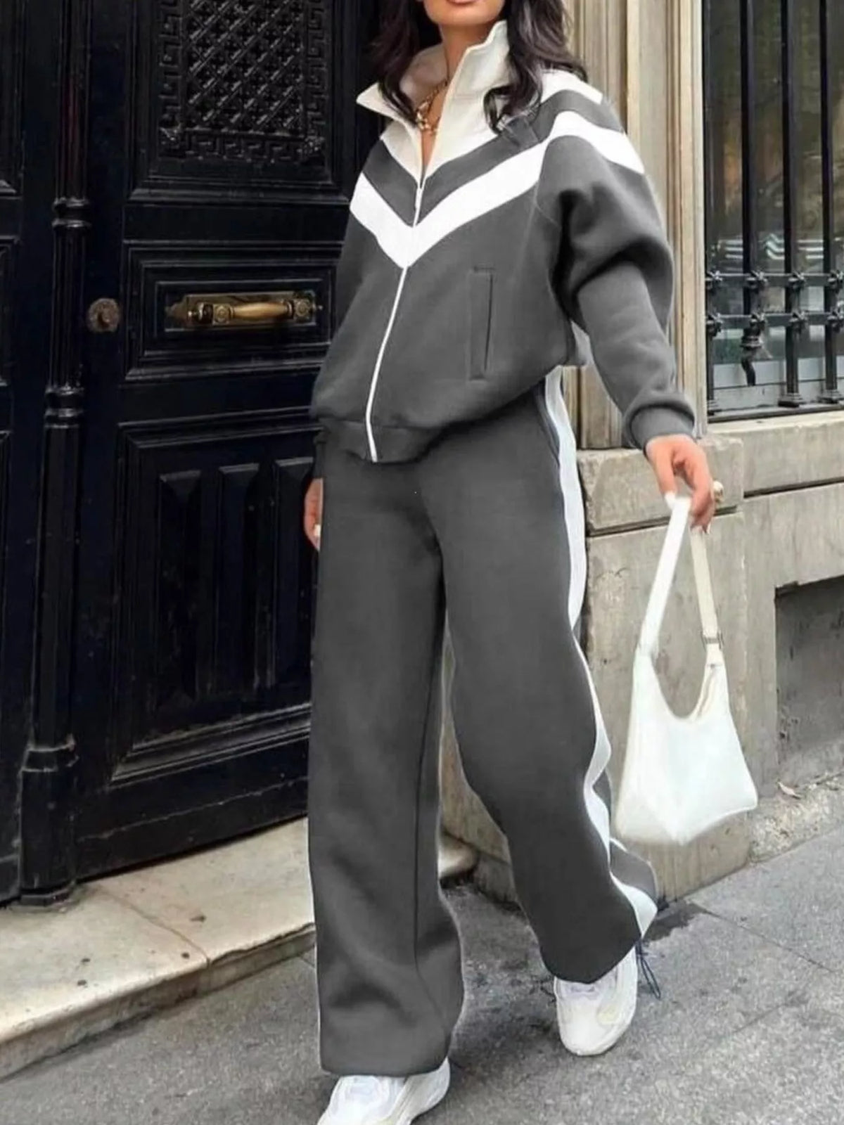 Color Block Zip-Up Outerwear and Pants Set