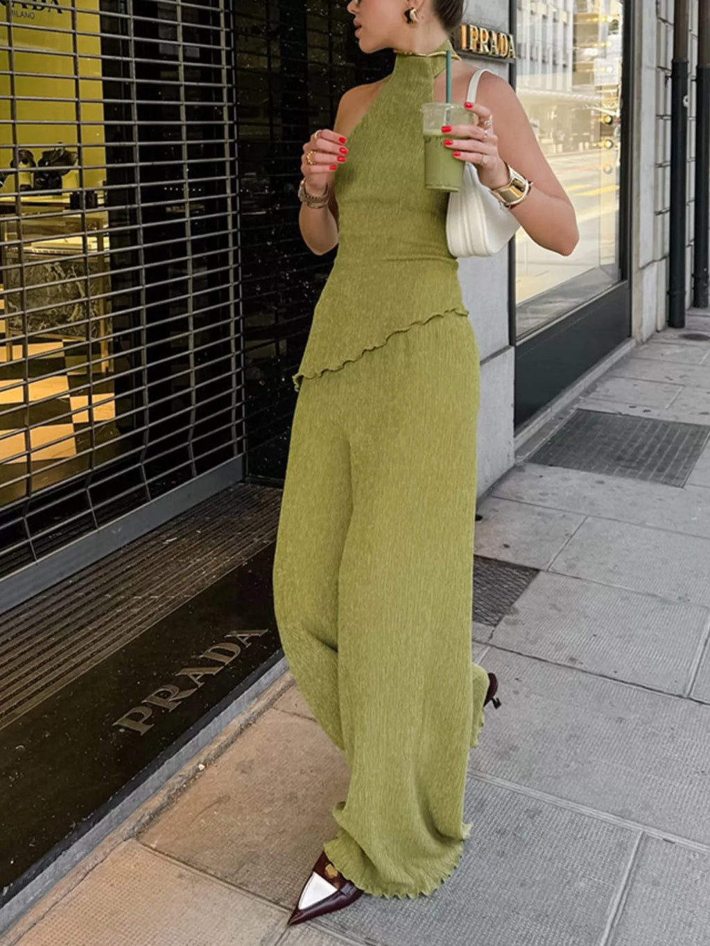 Sleeveless Top and Wide-Leg Pants Two-Piece Set – Green / Khaki