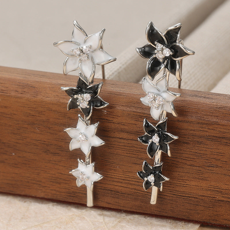 Colorful Flower Stud Earrings Silver Tone Brass Women Black White Crystal Party Fashion Jewelry Elegant