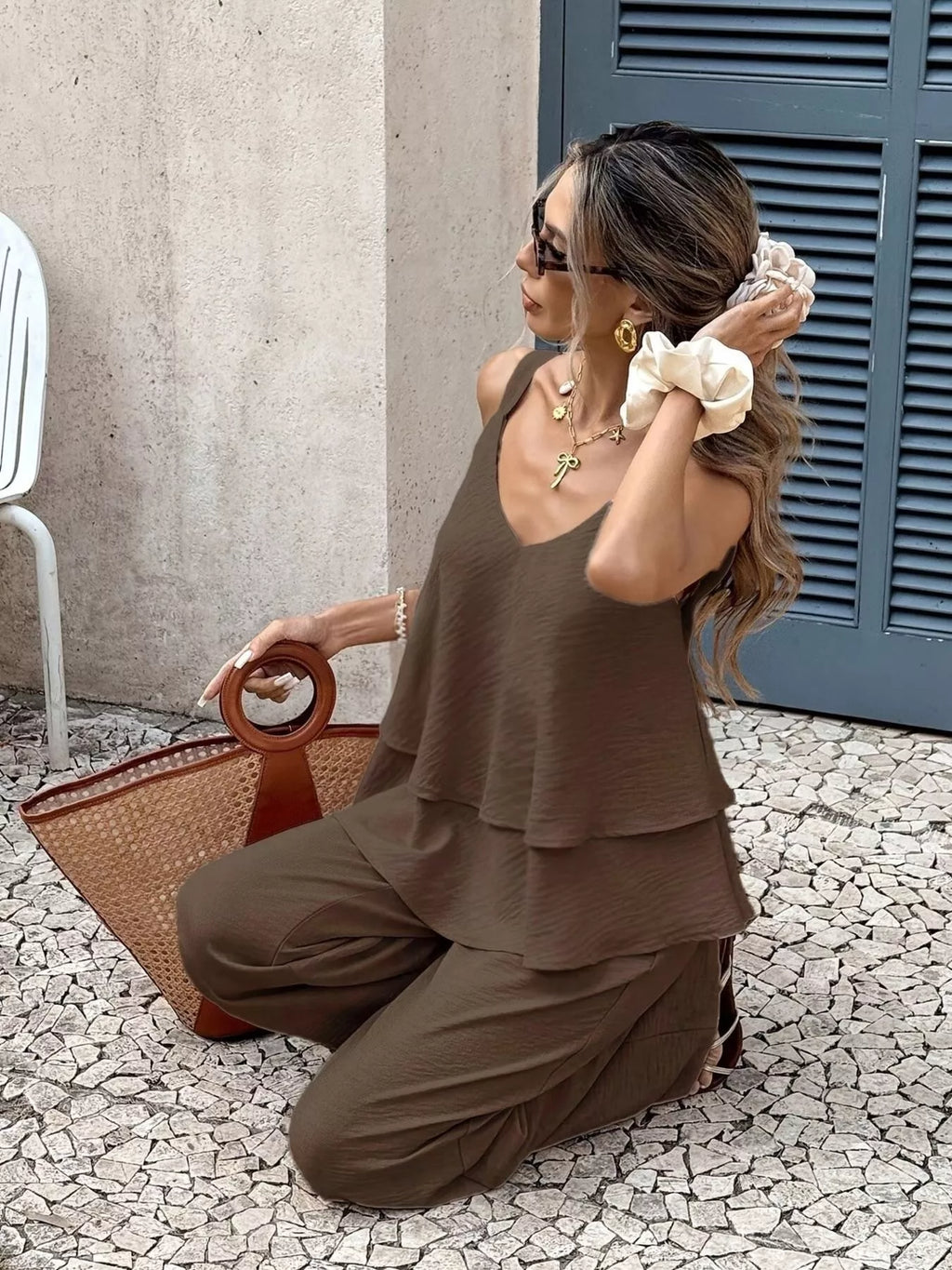 V-Neck Top and Wide-Leg Pants Set – Apricot / Navy Blue