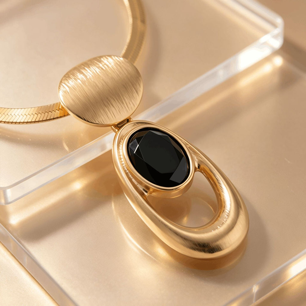 Vintage Brushed Gold Black Stone Necklace Earrings Set Women Jewelry Set For Banquet Party Evening Occasions