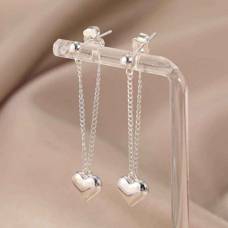 Minimalist Heart Chain Drop Earrings Silver Tone Brass Women Romantic Daily Party Fashion Jewelry Elegant