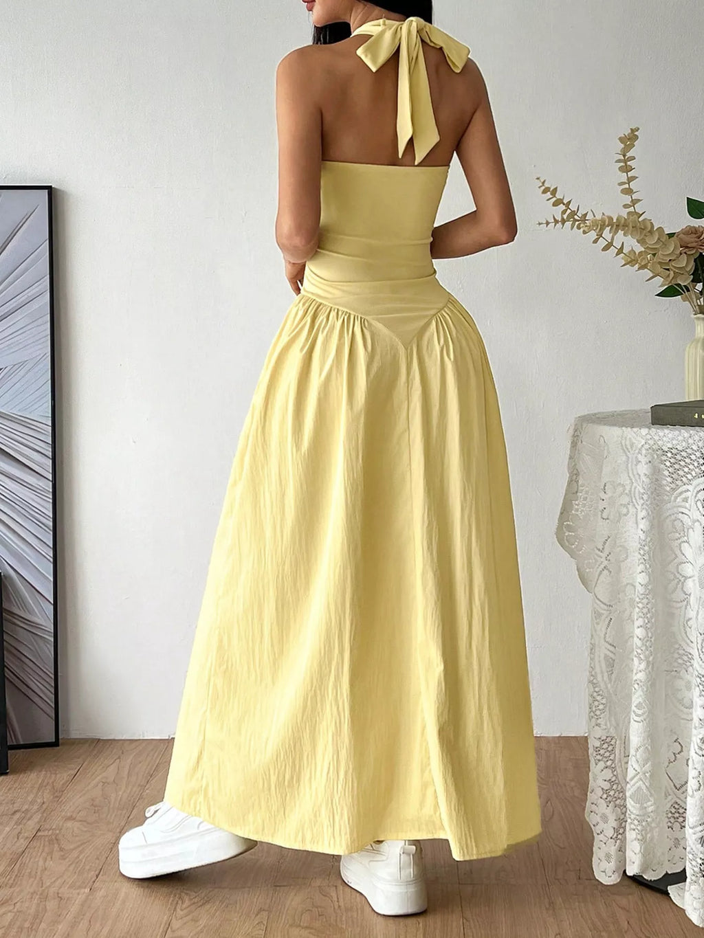 Halter Neck Ruched Maxi Dress – Yellow