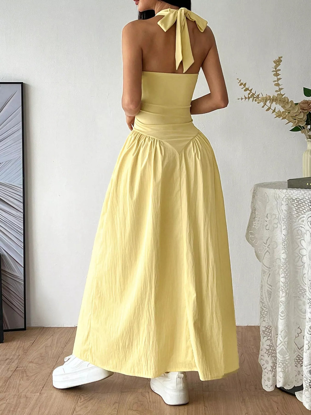 Halter Neck Ruched Maxi Dress – Yellow