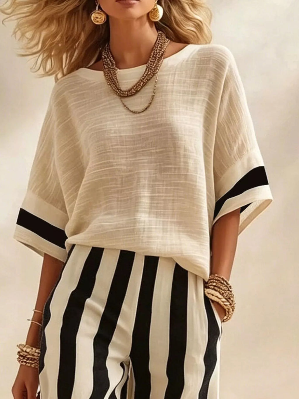 Full Size Striped Half Sleeve Top and Pants Set Plus Size