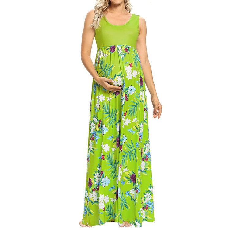 Fashion Print Stitching Round Neck Maternity Dress